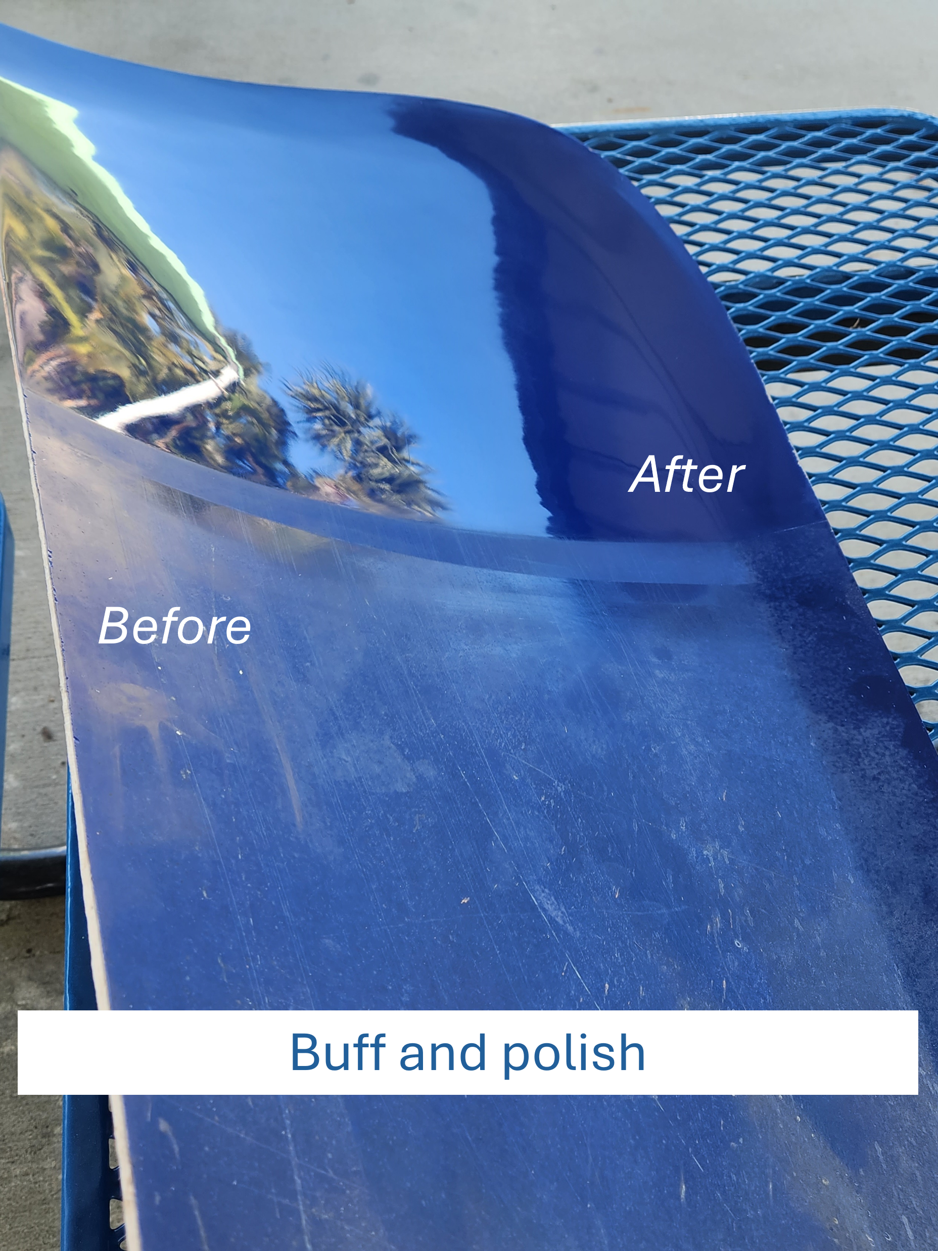 A piece of fiberglass before and after buffing and polishing comparison