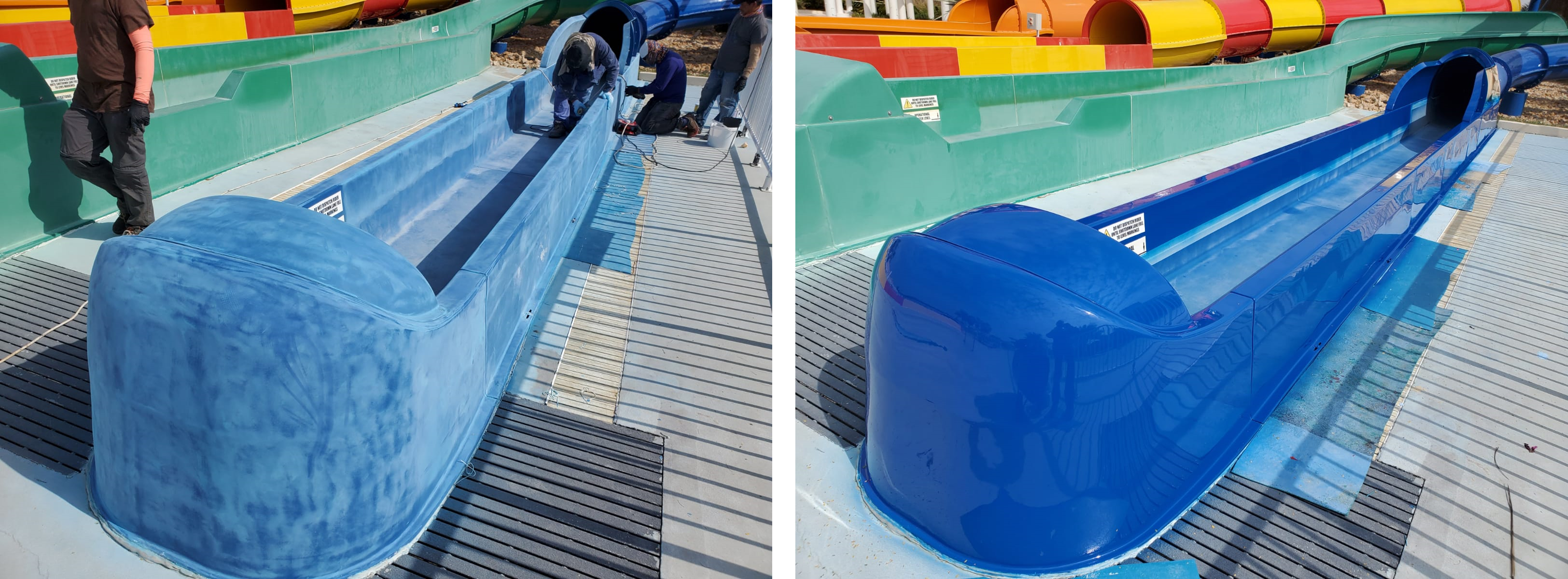 Blue water slide before and after refurbishment comparison