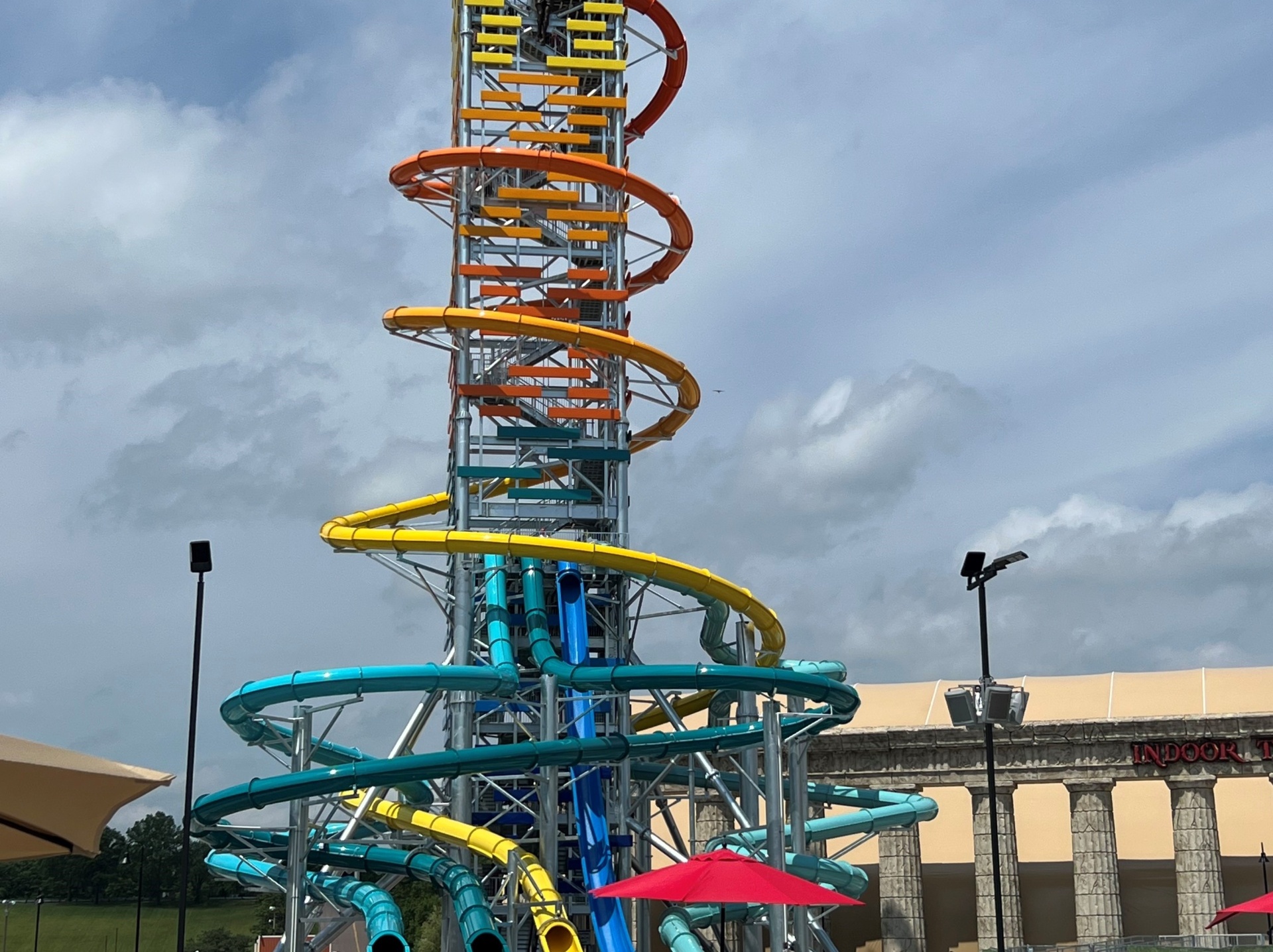 Very tall, colorful water slide tower