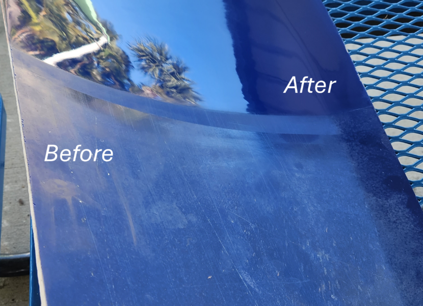 A piece of fiberglass before and after buffing and polishing comparison
